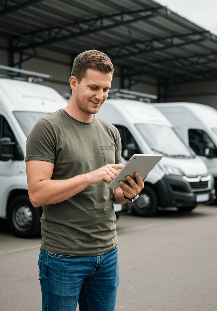 Właściciel firmy korzystający z aplikacji Moovito na tablecie